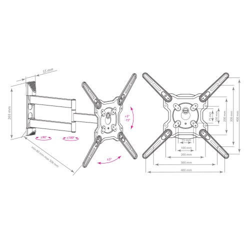 Кронштейн настенный Kromax OPTIMA-406 22-65" (наклон -15°/+5°, поворот 180°, до 40 кг, серый) фото 3
