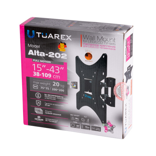 Кронштейн настенный Tuarex ALTA-202 15"-43" (наклон +5/-15°, поворот 60°, до 20 кг, черный) фото 5 Кронштейн настенный Tuarex ALTA-202 15"-43" (наклон +5/-15°, поворот 60°, до 20 кг, черный) фото 5