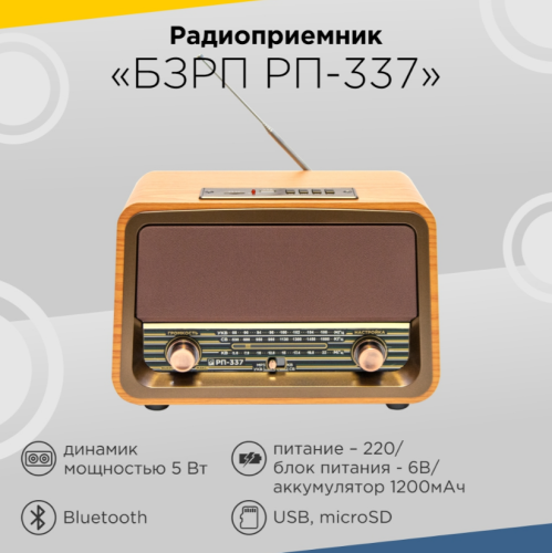 Радиоприемник "БЗРП РП-337", УКВ 88-108МГц, СВ, КВ, 220V, DC6В, акб 1200мАч, BT/USB/microSD фото 2