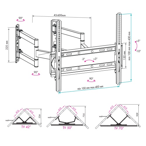 Кронштейн настенный VLK TRENTO-22 32-70" ( наклон + 5° -10°, поворот 160°,  до 40 кг, черный) фото 2