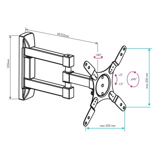 Кронштейн настенный VLK TRENTO-105 15-42" (наклон +5°/-15°, поворот 180°, до 15 кг, черный) фото 3