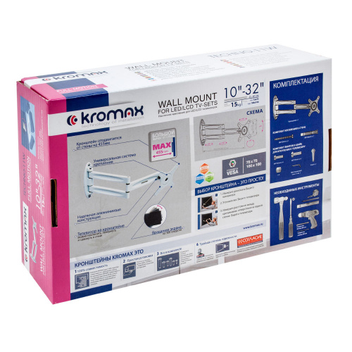 Кронштейн настенный Kromax TECHNO-11 10-32" (наклон -90°/+90°, поворот 180°, до 15 кг, белый) фото 7 Кронштейн настенный Kromax TECHNO-11 10-32" (наклон -90°/+90°, поворот 180°, до 15 кг, белый) фото 7