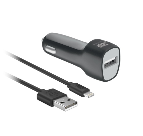 Автомобильное зарядное устройство USB, 1A + Дата-кабель 8pin, 1м черное, BoraSCO фото 2