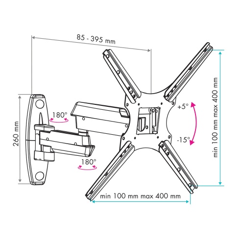 Кронштейн настенный VLK TRENTO-7 22-55" ( наклон + 5° -15°, поворот 180°,  до 25 кг, черный) фото 2