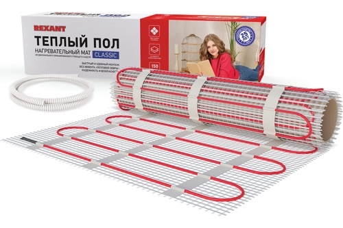 Теплый пол, нагревательный мат REXANT Classic RNX-0.5-75, двухжильный, с экраном, площадь 0.5 м², 0.