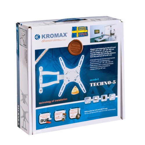 Кронштейн настенный Kromax TECHNO-5 15"-55"(наклон -15°/+5°, поворот 180°, до 35 кг, белый) фото 8