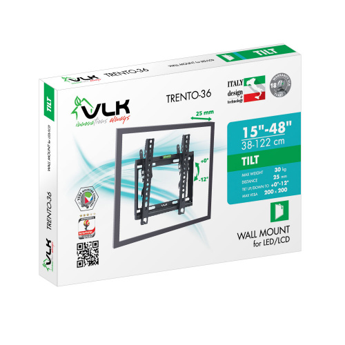 Кронштейн настенный VLK TRENTO-36 15-48" (наклон -0°/+12°, вылет 28 мм, до 30 кг, черный) фото 2 Кронштейн настенный VLK TRENTO-36 15-48" (наклон -0°/+12°, вылет 28 мм, до 30 кг, черный) фото 2