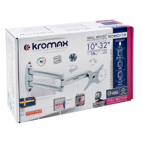 Кронштейн настенный Kromax TECHNO-11 10-32" (наклон -90°/+90°, поворот 180°, до 15 кг, белый) фото 2 Кронштейн настенный Kromax TECHNO-11 10-32" (наклон -90°/+90°, поворот 180°, до 15 кг, белый) фото 2