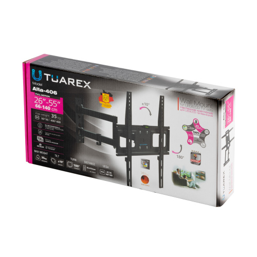Кронштейн настенный Tuarex ALTA-406 26-55" (наклон +10/-10°, поворот 180°, до 35 кг, черный) фото 8 Кронштейн настенный Tuarex ALTA-406 26-55" (наклон +10/-10°, поворот 180°, до 35 кг, черный) фото 8