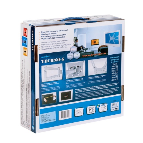 Кронштейн настенный Kromax TECHNO-5 15"-55"(наклон -15°/+5°, поворот 180°, до 35 кг, белый) фото 7
