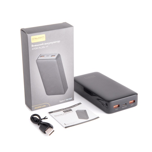 Внешний аккумулятор ATOM ATOM PL20L-V1,18 Вт, 20000мАч, 2*USB-A, Type-C in/out,QC3.0, PD3.0, пластик фото 5