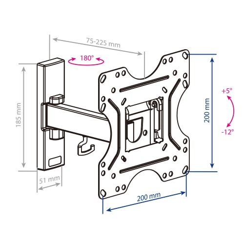 Кронштейн настенный Kromax OPTIMA-213 20-43" (наклон +5°/-12°, поворот 180°, до 30 кг, черный) фото 4