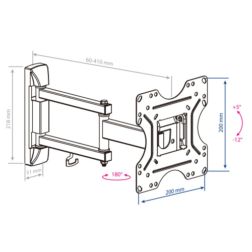 Кронштейн настенный Kromax OPTIMA-214 20-43" (наклон +5°/-12°, поворот 180°, до 30 кг, черный) фото 3