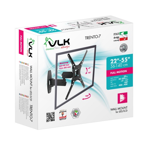 Кронштейн настенный VLK TRENTO-7 22-55" ( наклон + 5° -15°, поворот 180°,  до 25 кг, черный) фото 3