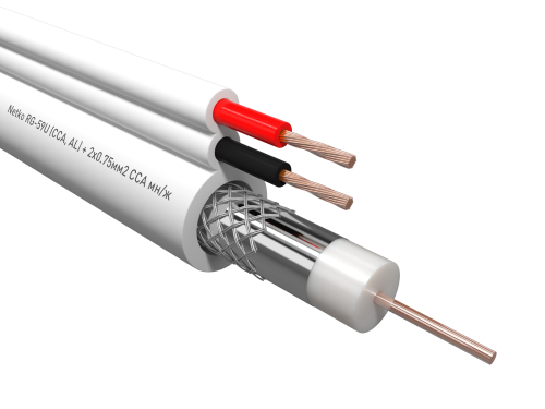 Кабель коаксиальный с пит RG-59U Netko (CCA, AL) +2x0.75мм2 CCA мн/ж, КВОС, внутренний, белый (100м) фото 2