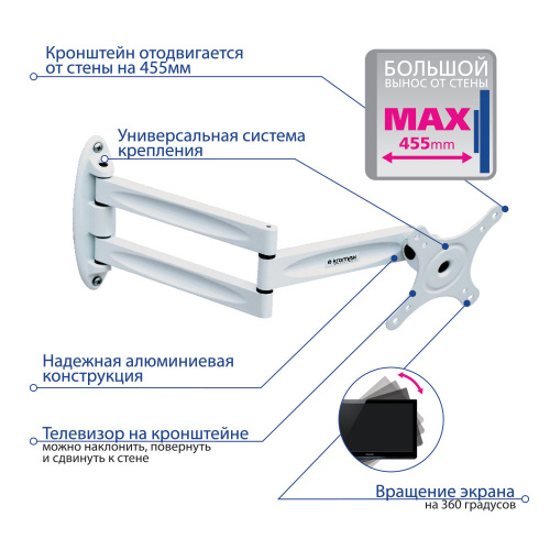 Кронштейн настенный Kromax TECHNO-11 10-32" (наклон -90°/+90°, поворот 180°, до 15 кг, белый) фото 6 Кронштейн настенный Kromax TECHNO-11 10-32" (наклон -90°/+90°, поворот 180°, до 15 кг, белый) фото 6
