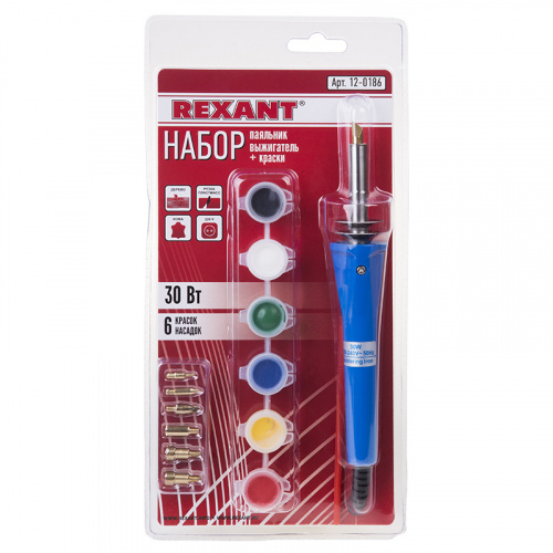 Набор паяльник-выжигатель REXANT, 7 насадок, подставка, кисточка, краски  230 В/30 Вт, 12-0186 фото 3