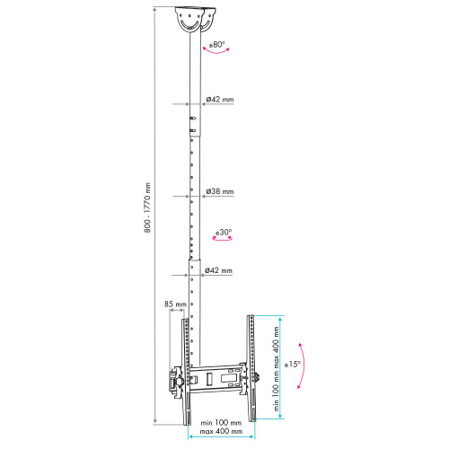 Кронштейн потолочный VLK TRENTO-61 26-65" (наклон ±15°, поворот ±30°, до 35 кг, черный) фото 2