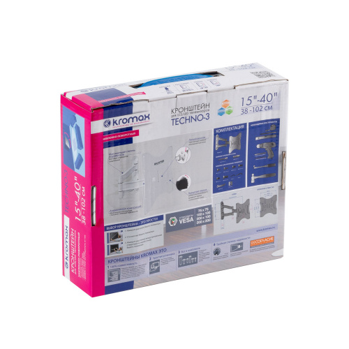 Кронштейн настенный Kromax TECHNO-3 White 15-40" (наклон +8°/-15°, поворот 180°, до 20 кг, белый) фото 8 Кронштейн настенный Kromax TECHNO-3 White 15-40" (наклон +8°/-15°, поворот 180°, до 20 кг, белый) фото 8