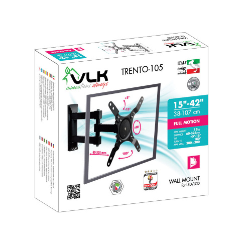 Кронштейн настенный VLK TRENTO-105 15-42" (наклон +5°/-15°, поворот 180°, до 15 кг, черный) фото 2
