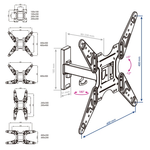 Кронштейн настенный Kromax OPTIMA-413 20-55" (наклон +5°/-12°, поворот 180°, до 30 кг, черный) фото 4