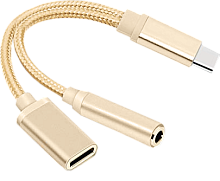 Переходник USB Type-C 3,5 Jack/Type-C (зарядка), золотой (ATOM)