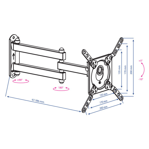 Кронштейн настенный Kromax DIX-14 15"-42" (наклон +5°/-10°, поворот 180°, до 20 кг, черный) фото 3 Кронштейн настенный Kromax DIX-14 15"-42" (наклон +5°/-10°, поворот 180°, до 20 кг, черный) фото 3
