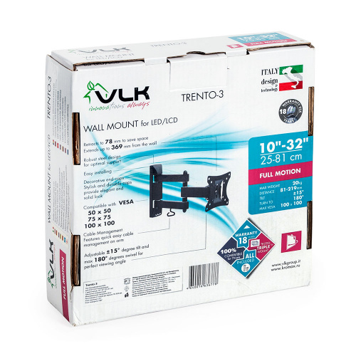 Кронштейн настенный VLK TRENTO-3 10-32" (наклон -15°/+15°, поворот 180°, до 20 кг, черный) фото 2 Кронштейн настенный VLK TRENTO-3 10-32" (наклон -15°/+15°, поворот 180°, до 20 кг, черный) фото 2