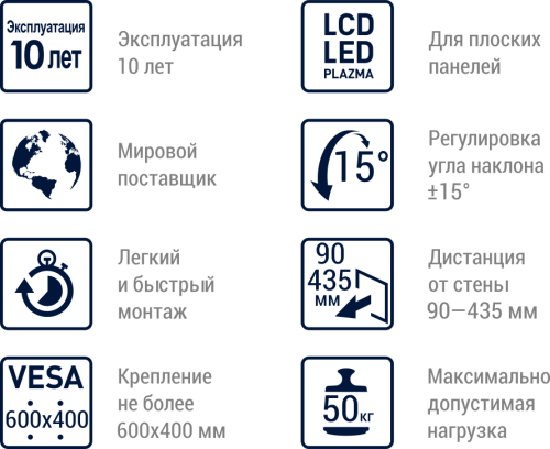 Кронштейн настенный MART 505SL 32-65"  (наклон -15°/+15°, вылет 90-435 мм, до 50 кг, черный) фото 3
