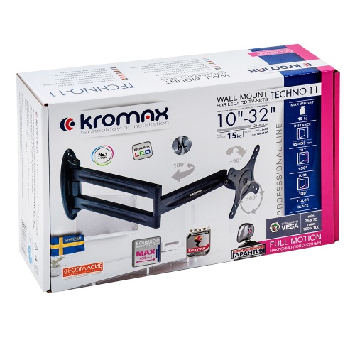 Кронштейн настенный Kromax TECHNO-11 10-32" (наклон -90°/+90°, поворот 180°, до 15 кг, чёрный) фото 2