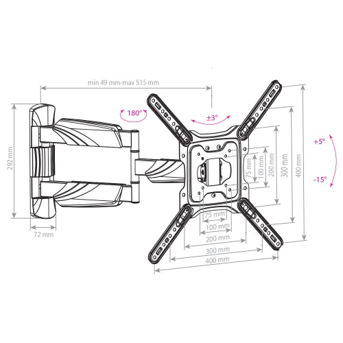 Кронштейн настенный ARM MEDIA COBRA-40 22-65" (наклон +5°/-15°, поворот 180°, до 35 кг, чёрный) фото 5