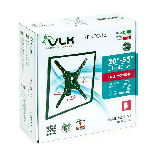 Кронштейн настенный VLK TRENTO-14 20-55" (наклон +5°/-20°, поворот 90°, до 25 кг, черный) фото 2 Кронштейн настенный VLK TRENTO-14 20-55" (наклон +5°/-20°, поворот 90°, до 25 кг, черный) фото 2