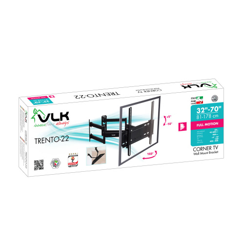 Кронштейн настенный VLK TRENTO-22 32-70" ( наклон + 5° -10°, поворот 160°, до 40 кг, черный) фото 3 Кронштейн настенный VLK TRENTO-22 32-70" ( наклон + 5° -10°, поворот 160°, до 40 кг, черный) фото 3
