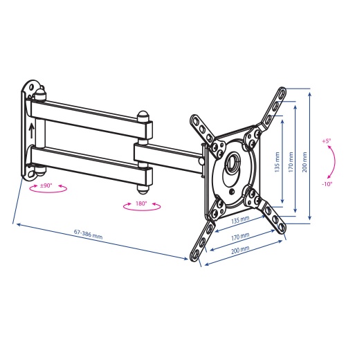 Кронштейн настенный Kromax DIX-14 15"-42" (наклон +5°/-10°, поворот 180°, до 20 кг, черный) фото 3