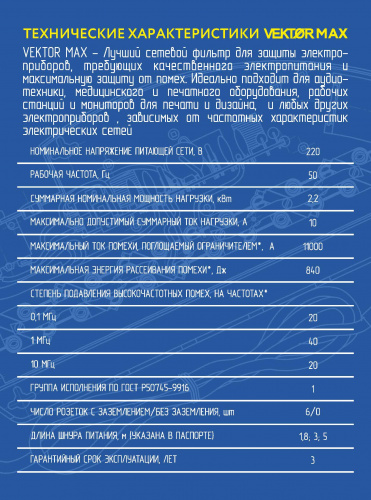 Сетевой фильтр Vektor MAX черный 1.8м (максимальная защита от помех) фото 3