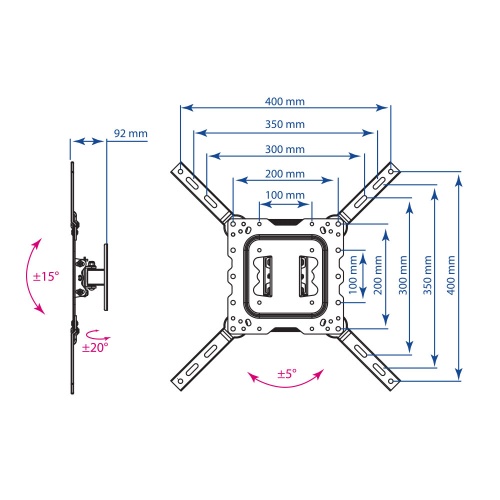 Кронштейн настенный Kromax DIX-16 22-55" (наклон -15°/+15°, поворот -20°/+20°, до 30 кг,черный) фото 7