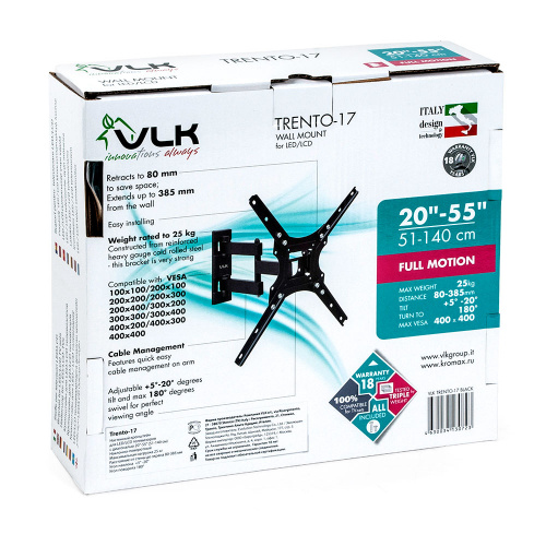 Кронштейн настенный VLK TRENTO-17 20-55" (наклон +5 -20°, поворот 180°, до 25 кг, черный) фото 6 Кронштейн настенный VLK TRENTO-17 20-55" (наклон +5 -20°, поворот 180°, до 25 кг, черный) фото 6