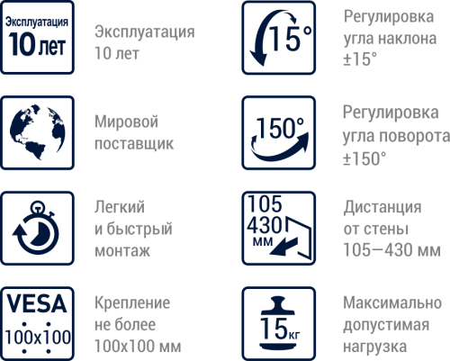 Кронштейн настенный MART 107S 10-26" (наклон -15°/+15°,  поворот -150/+150, до 15 кг, черный) фото 2