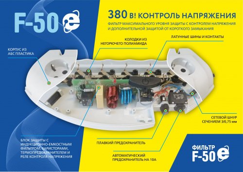 Сетевой фильтр Vektor F-50Е белый 1.8м (защита от 380В) фото 2