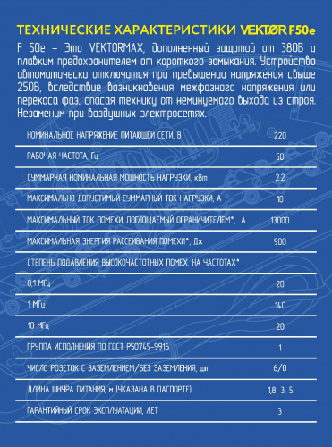 Сетевой фильтр Vektor F-50Е черный 5м (защита от 380В) фото 3 Сетевой фильтр Vektor F-50Е черный 5м (защита от 380В) фото 3