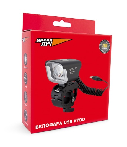 Фонарь ЯРКИЙ ЛУЧ V-700 "ВЕЛОФАРА-USB" CREE XM-L2 700лм, 4 ур. яркости +миг., IPX4, питание от USB фото 2