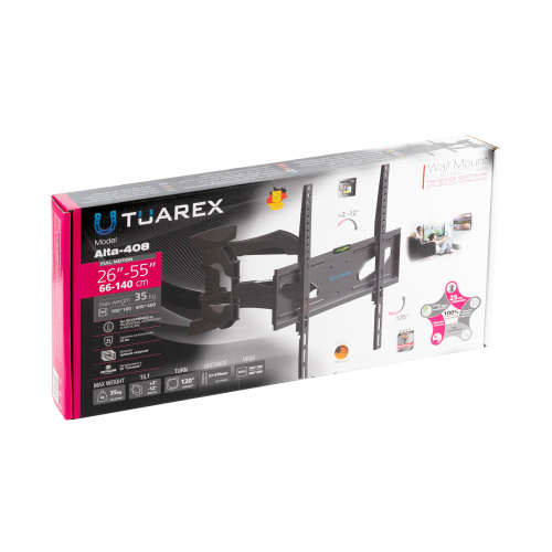 Кронштейн настенный Tuarex ALTA-408 26-55" (наклон +2/-12°, поворот 120°, до 35 кг, черный) фото 8 Кронштейн настенный Tuarex ALTA-408 26-55" (наклон +2/-12°, поворот 120°, до 35 кг, черный) фото 8