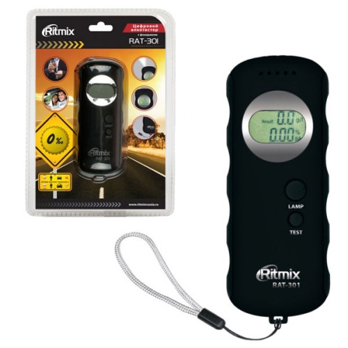 Алкотестер RITMIX RAT-301 диапазон измер. 0.0-1.9‰ цифр.индикация со звук.сигнал., фонарик, на 2xAAA