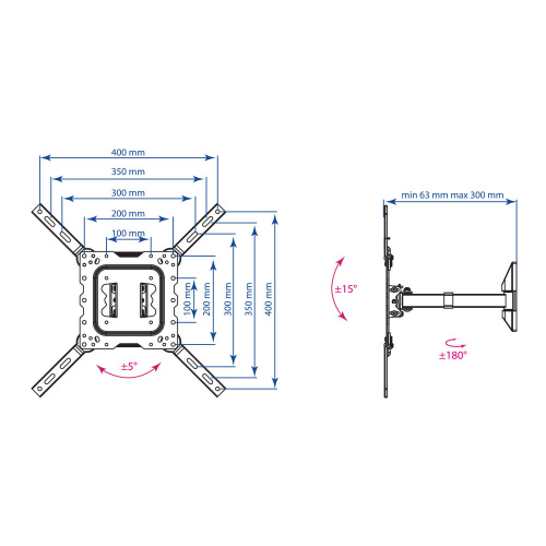 Кронштейн настенный Kromax DIX-17 22-55" (наклон -15°/+15°, поворот 180°, до 40 кг, черный) фото 4 Кронштейн настенный Kromax DIX-17 22-55" (наклон -15°/+15°, поворот 180°, до 40 кг, черный) фото 4