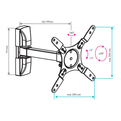 Кронштейн настенный VLK TRENTO-104 15-42" (наклон +5°/-15°, поворот 180°, до 15 кг, черный) фото 8 Кронштейн настенный VLK TRENTO-104 15-42" (наклон +5°/-15°, поворот 180°, до 15 кг, черный) фото 8