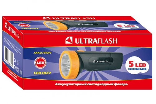 Фонарь Ultraflash LED 3827 аккумуляторный, 5 светодиодов, черный/желтый, зарядка 220В фото 3