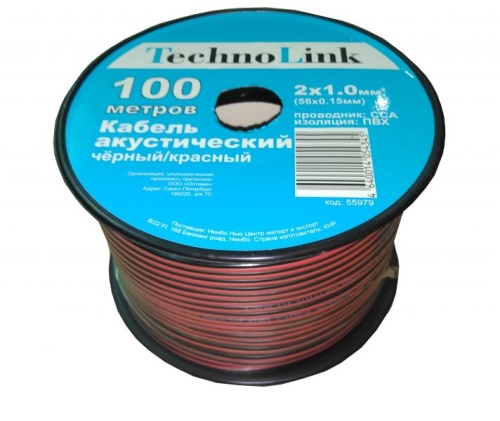Акустический кабель 2*1.0 мм2 (56*0.15мм) CCA, 100м, Technolink (ч/к)