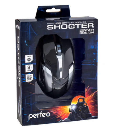 Мышь оптическая Perfeo SHOOTER, 6 кн, USB, чёрн, GAME DESIGN, подсветка 6 цветов фото 2 Мышь оптическая Perfeo SHOOTER, 6 кн, USB, чёрн, GAME DESIGN, подсветка 6 цветов фото 2