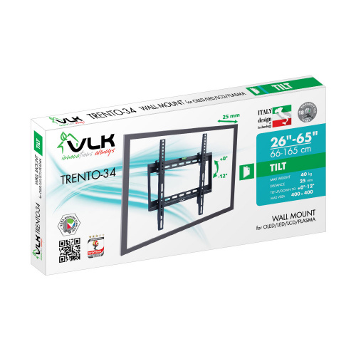 Кронштейн настенный VLK TRENTO-34 26-65" (наклон -0°/+12°, вылет 26мм, до 40 кг, черный) фото 2 Кронштейн настенный VLK TRENTO-34 26-65" (наклон -0°/+12°, вылет 26мм, до 40 кг, черный) фото 2