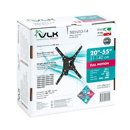Кронштейн настенный VLK TRENTO-14 20-55" (наклон +5°/-20°, поворот 90°, до 25 кг, черный) фото 6